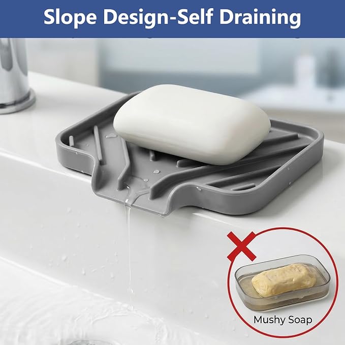 JACZZO Silicone Soap Dish for Shower and Bathroom - Small Bar Soap Holder with Self Draining Spout - Non-Slip Sink Tray Organizer for Kitchen Counter and Narrow Ledge, Gray (3.5" x 5") - Image 3