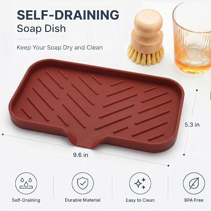 MicoYang Silicone Soap Dish with Drain Spout — Self-Draining Sink Organizer Tray for Bathroom & Kitchen, Sponges, Dispensers & Soap Holder, Non-Slip & Dishwasher Safe, Red (Medium, 9.6"×5.3") - Image 2