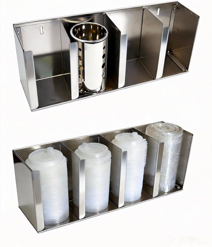 Stainless Steel Cup Dispenser,4 Compartments Cup Holder and Lid Holder with Adjustable Dividers,Cup Organizer for Kitchen Cabinets Cafe Shop Restaurant,Includes Straw Holder by YQDHYLYH