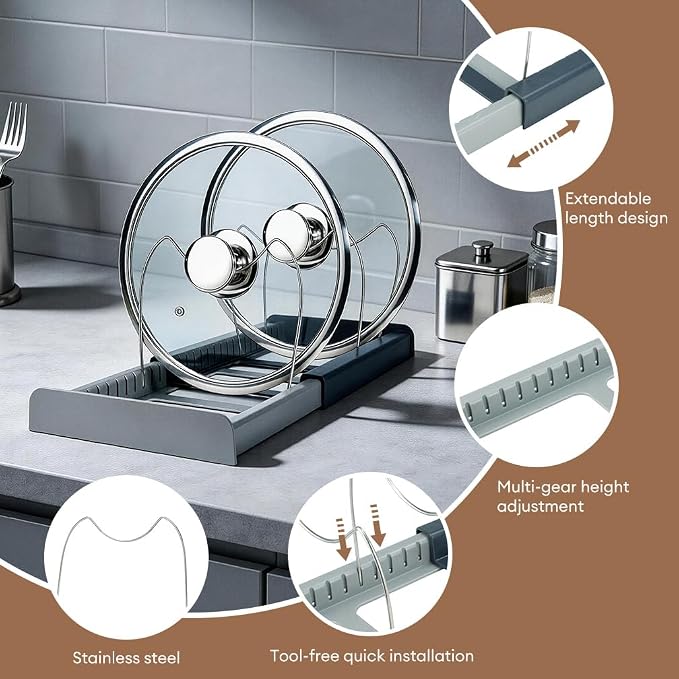 Pot Lids Organizer Rack for Cabinet and Countertop - 7+ Pan Lids and Bakeware Organizer Rack Holder, Expandable 12" to 22" with 7 Dividers, Base for Lids, Bakeware, Cookware Storage, Grey - Image 3