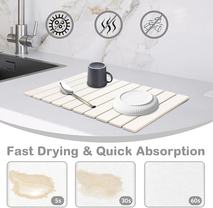 Large Stone Dish Drying Mat for Kitchen Counter, Quick Dry Dish Drying Mats, Foldable Absorbent Diatomaceous Earth Mats for Plate Rack Bottles Cups, Match Any Countertop (White 24"×16" & 8"x4") - Image 2