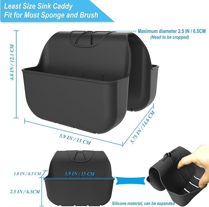 Sponge Holder for Kitchen Sink, Silicone Sink Saddle Caddy Organizer Rack, Sponges Holder Over Faucet, Hanging Kitchen Organizer Accessories Rack Basket-Black - Image 3