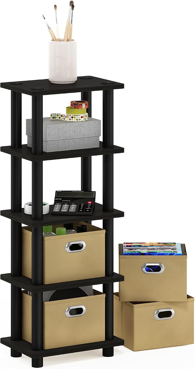 Furinno Turn-N-Tube Toolless 4-Tier Storage Shelves, Espresso | Narrow Open Frame Book Shelf with Storage Bins, for Organization, for Living Room, Garage, Home Office - Image 7