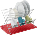 J&V TEXTILES Foldable Dish Drying Rack with Drainboard, Stainless Steel 2 Tier Drainer, Collapsible Folding Rack for Kitchen Sink, Countertop, Cutlery, Plates (Red) by JVTextiles