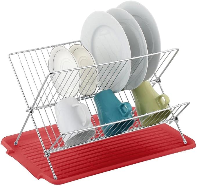 J&V TEXTILES Foldable Dish Drying Rack with Drainboard, Stainless Steel 2 Tier Drainer, Collapsible Folding Rack for Kitchen Sink, Countertop, Cutlery, Plates (Red) by JVTextiles