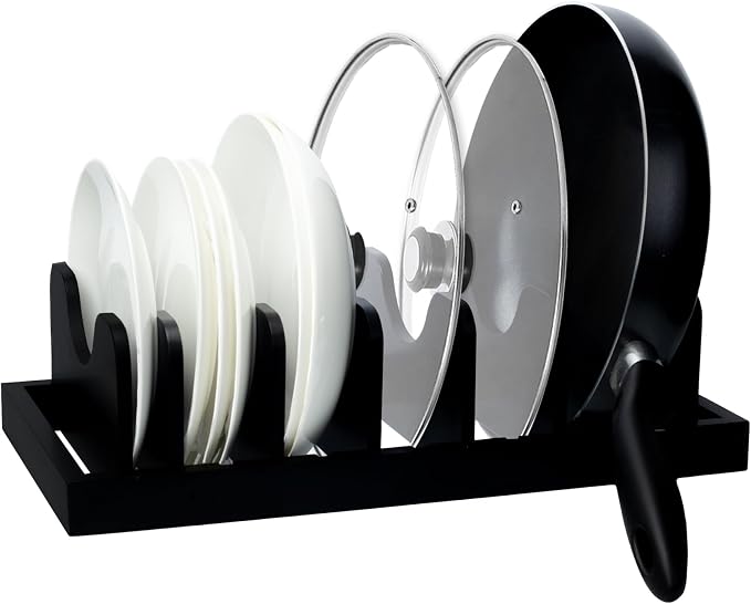 MinBoo Bamboo Pot Lid Organizer Pot Lid Holder, Pot and Pan Organizer Drawer Organizer for Pot Lids, Pans, Cutting Boards & Baking Sheets, Dinner Plates, Reusable Containers in Cabinet Storage,Black by MinBoo