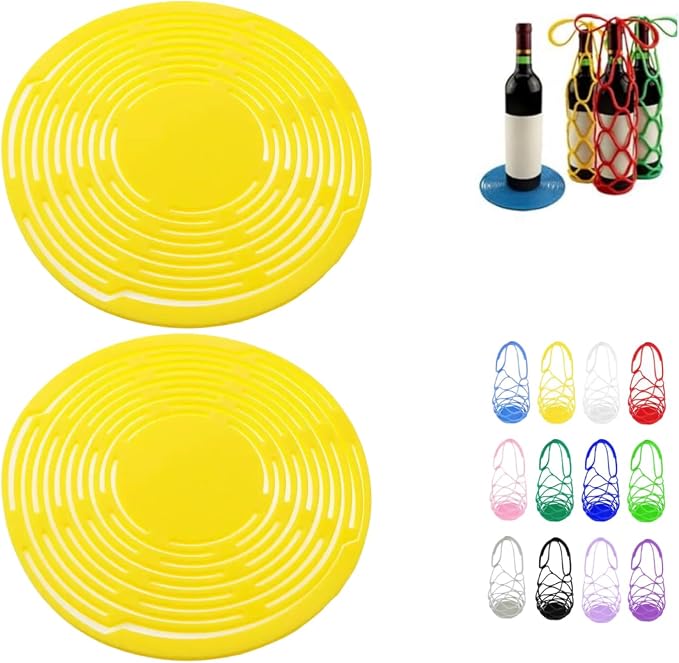 Multi-Use Silicone Storage Bag & Organizer,Multifunctional Mesh Coaster,Silicone Wine Carrier,Reusable, Foldable, Portable Coaster for Wine Bottles, Cans, Cups, Hot Dishes,and Beverages(2pcs Yellow) by Unknown