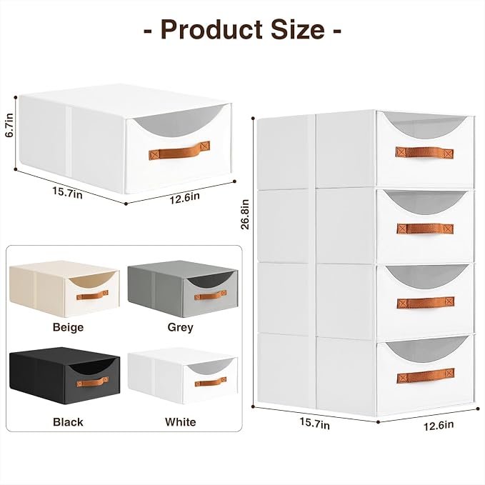 Closet Organizers and Storage - Large Stackable Storage Bins with Drawer, Fabric Bins for Organization, Collapsible Storage Drawers Organizer for Bedroom, Living Room, 4 Pack, White - Image 3