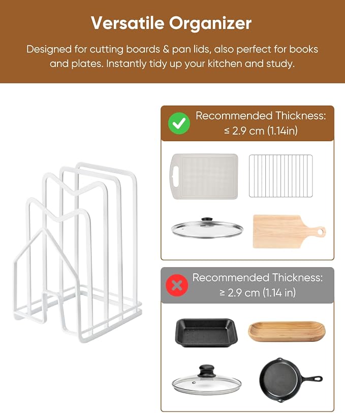 LINFIDITE Cutting Board Rack Chopping Board Organizer Stand Holder Kitchen Countertop Pots Pan Lids Rack Organizer Flat Steel 4.92Lx5.71Wx8.46H in. White - Image 6