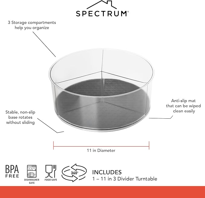 Spectrum Divided Turntable Organizer 11 in Charcoal Gray Lazy Susan Storage Organizer, 3 Divider Rotating Lazy Susan for Cabinet Fridge Pantry Table Countertop Under Sink Bath Kitchen Organization - Image 6