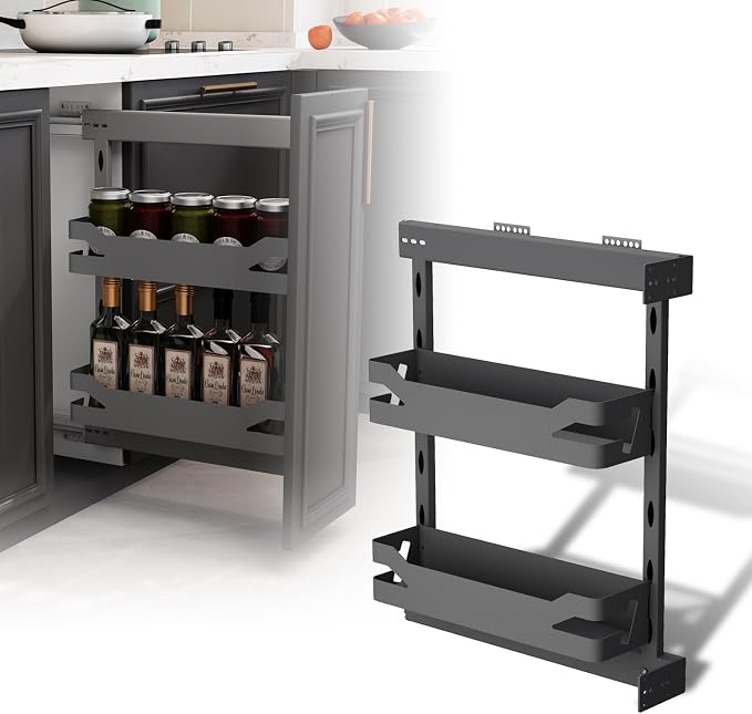 VADANIA Narrow Pull Out Cabinet Organizer, For 8" Base Cabinets | 2-Tier Slim Cabinet Storage with Solid Metal Trays, Soft Close Full-Extension Slides, Reversible Left or Right Side Mount - Image 2