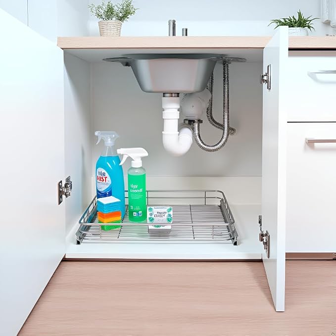Pull Out Shelves For Kitchen Cabinets 11" W x 21" D, Chrome | Heavy-Gauge Wire Kitchen Cabinet Organizer, 100 lbs Capacity, Ball-Bearing Glides, Min 12" Opening, Under Sink Organizer - Image 6