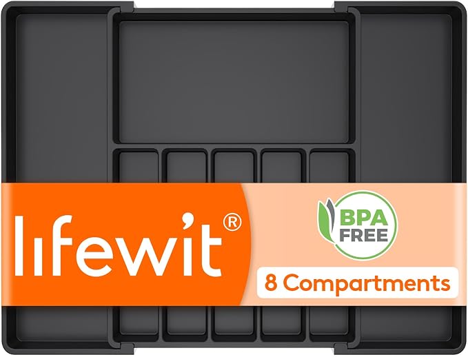 Lifewit Extra Large Silverware Drawer Organizer, Expandable Utensil Tray | BPA Free Flatware Cutlery Holder for Kitchen, Adjustable Plastic Storage for Spoons Forks Knives, 15- 27 x 18.5", Black by Lifewit