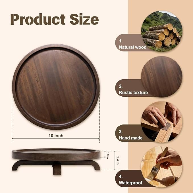 10" Solid Wood Lazy Susan Turntable Organizer for Cabinet, Pantry, Kitchen Countertop - Farmhouse Style with Raised Feet & Water-Resistant Coating, Rustic Bathroom Vanity Tray and Dining Table Decor - Image 2