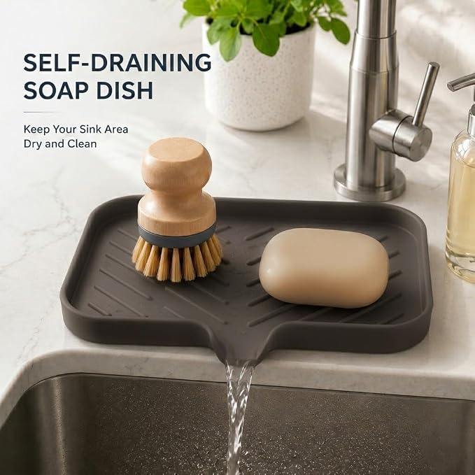 MicoYang Silicone Soap Dish with Drain Spout — Self-Draining Sink Organizer Tray for Bathroom & Kitchen, Sponges, Dispensers & Soap Holder, Non-Slip & Dishwasher Safe, Coffee (Medium, 9.6"×5.3") - Image 7