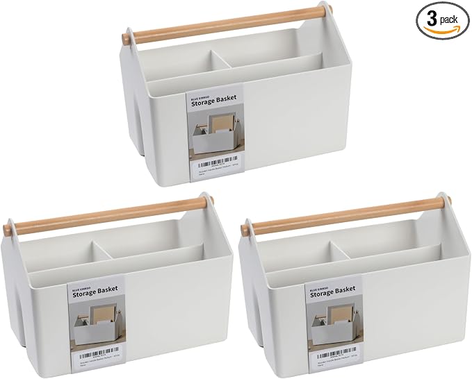 BLUE GINKGO Medium Storage Basket – Plastic Caddy with Wooden Handle for Office, Arts & Crafts, or Home Supplies (White) (Pack of 3) by BLUEGINKGO