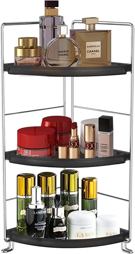 3-Tier Corner Bathroom Sink Countertop Organizer Storage Shelf Stackable Organizer for Cosmetics, Bathroom, Kitchen, Counter-Kitchen Spice Rack-Vanity Tray Makeup Shelf Holder,Black by Sekepingo