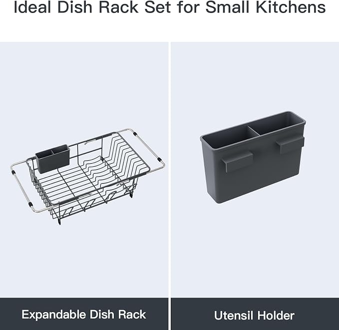 Grey Dish Drying Rack Over The Sink with Utensil Holder | Expandable Stainless Steel Dish Drainer for Small Kitchen, Apartment, RV, Counter Space Saving, Perfect Fit, Rustproof - Image 9