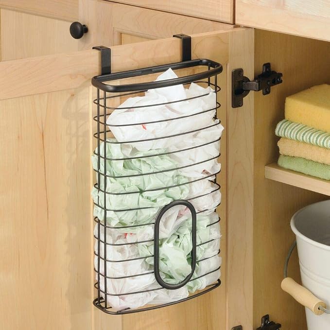 mDesign Over-The-Cabinet Plastic Bag Storage and Grocery Bag Holder, Kitchen Storage - Bronze - Image 2