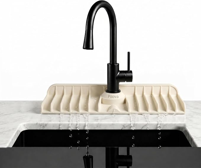 Premium Kitchen Sink Splash Guard – 18" x 5.7" Silicone Faucet Mat with Secure Pressure Clip, True 10° 3D Drainage(No Pooling), Anti-Lift Design, Flexible Leak-Sealing Ring, Non-Slip Fit Behind Faucet by Pilova