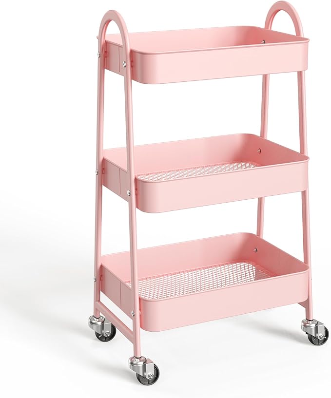 NEWBULIG 3-Shelf Metal Rolling Storage Utility Cart with Lockable Wheels | Mobile Organizer Shelf, Space-Saving, Freestanding, Bathroom, Living Room, Slim, Narrow Corner Spaces, Pink by NEWBULIG
