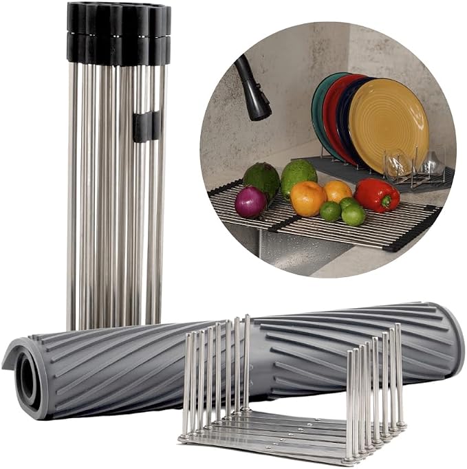 3-in-1 Over Sink Dish Drying Rack – Roll-Up Sink Rack, Silicone Mat & Folding Dish Rack – Multi-Functional, Space-Saving Kitchen Organizer (Black) - Image 9