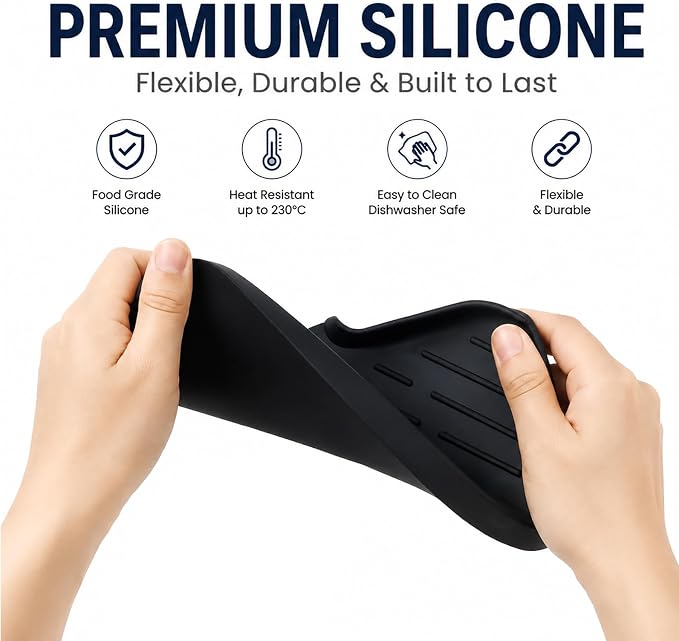 MicoYang Silicone Soap Dish with Drain Spout — Self-Draining Sink Organizer Tray for Bathroom & Kitchen, Sponges, Dispensers & Soap Holder, Non-Slip & Dishwasher Safe, Black (Medium, 9.6"×5.3") - Image 8