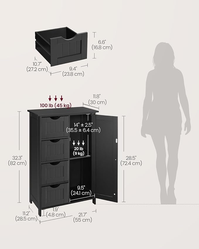 VASAGLE Storage Cabinet with Drawers, Freestanding Floor Cabinet with Door, 11.8 x 21.7 x 32.3 Inches, Adjustable Shelf, for Bathroom, Living Room, Kitchen, Ink Black ULHC041BH01S - Image 3