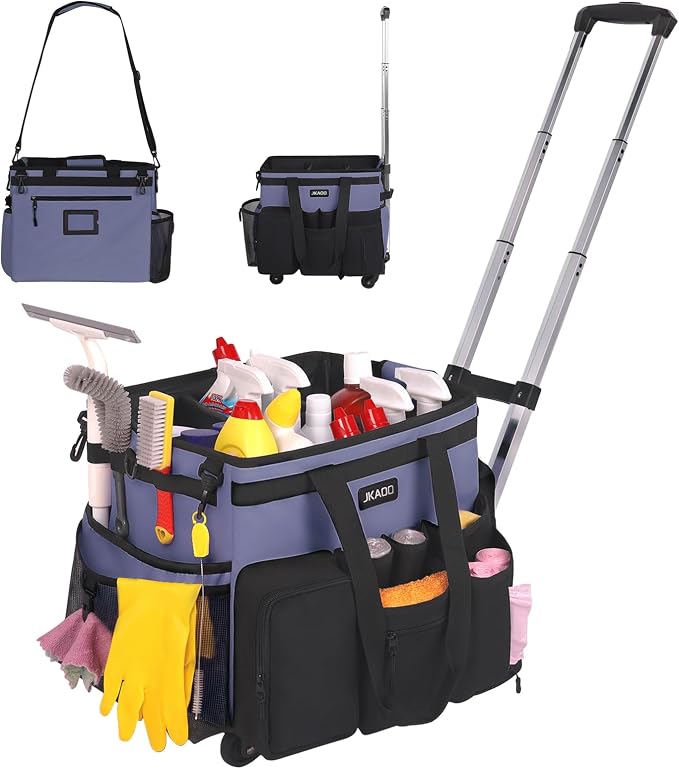 JKAOO Large Rolling Cleaning Caddy Bag with Detachable Trolley, Denim Blue | Waterproof Cleaning Caddy with Wheels, 40L Wheeled Organizer Cart for Supplies, Housekeepers, Home, Office, Car, Picnic by JKAOO