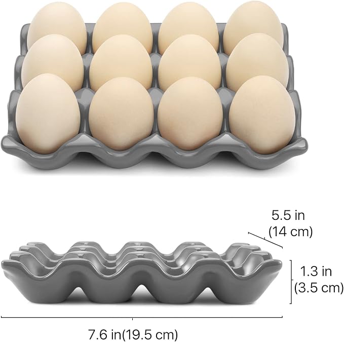 Flexzion 12 Cups Ceramic Egg Holder for Fridge - Dozen Ceramic Egg Tray Porcelain Container Storage Organizer Decorative Serving Stand Serveware for Refrigerator Countertop Display (Gray) - Image 7