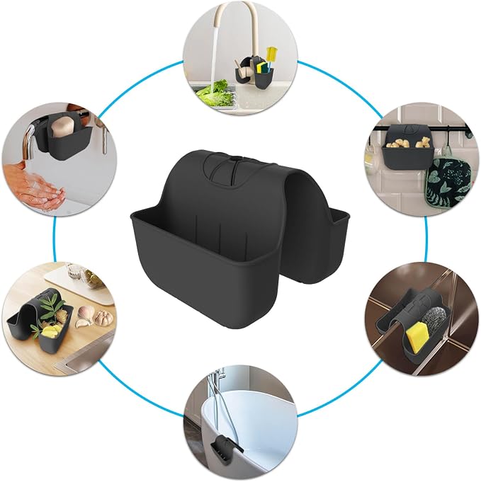Sponge Holder for Kitchen Sink, Silicone Sink Saddle Caddy Organizer Rack, Sponges Holder Over Faucet, Hanging Kitchen Organizer Accessories Rack Basket Black - Image 5
