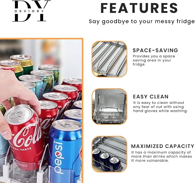 Soda Can Organizer with Automatic Can Pusher | Refrigerator Drink Organizer | Beverage Dispenser for Soda, Cans and Bottles | Space-Saving | Stainless Steel | Adjustable Sizes (5 Rows) - Image 3