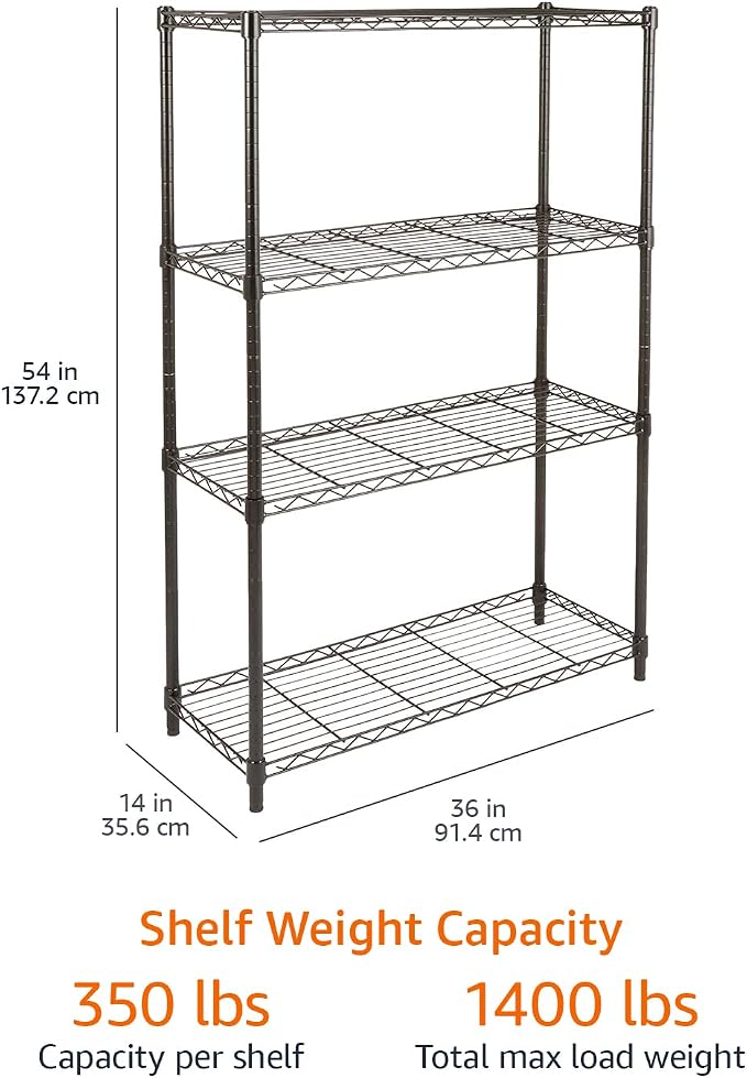 Amazon Basics 4-Shelf Adjustable Heavy Duty Steel Wire Rack Storage Shelving, Sturdy Garage Shelving, 350 lbs Capacity Per Shelf, Easy No-Tool Assembly, 36" x 14" x 54", Black - Image 3