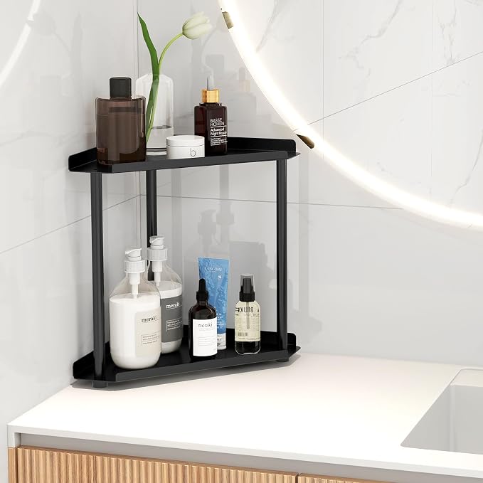 FLE Corner Bathroom Counter Organizer, Bathroom Organizer Countertop Black | 2 Tier Corner Shelf, Tabletop Mount,Waterproof Solid Shelf Fits Bathroom Toiletries and Kitchen Condiment Storage - Image 2