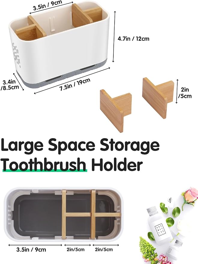GFWARE Toothbrush Holders for Bathrooms - Bamboo Divider Toothbrush and Toothpaste Holder with Drainage, Kids Electric Toothbrush Organizer for Bathroom Countertop, White Tooth Brush Holder | 5 Slots Toothbrush and Toothpaste Holder with Bamboo Divider... - Image 6