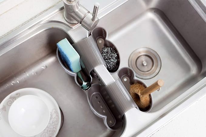 Kitchen Sink Caddy Sponge Holder, Saddle Faucet Organizer | Plastic Fitting Most Sink Rims, Removable Drain Basket Holding Sponges, Brushes & Stoppers Dry to Tidy Kitchen Sinks - Image 8