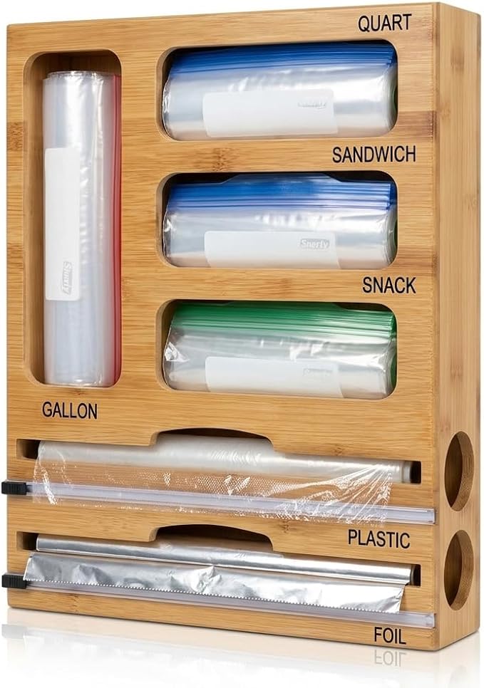 Bag Storage Organizer for Kitchen Drawer and Plastic Wrap Dispenser with Cutter, 6 In 1 Large Capacity Bamboo Foil and Plastic Bag Food Baggie Organizer for Snack, Sandwich, Gallon, Quart by CRYSTALVIVID