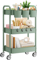 3-Tier Rolling Cart, Green, 66 Pounds Capacity, Mesh Storage Organizer with Lockable Wheels, 3 Hanging Cups, 4 Hooks, Easy Assembly, for Kitchen, Bathroom, Laundry, Grocery | Sturdy Rolling Storage Cart With Hooks & Hanging Cups, Great For Craft, Art W... by YASONIC