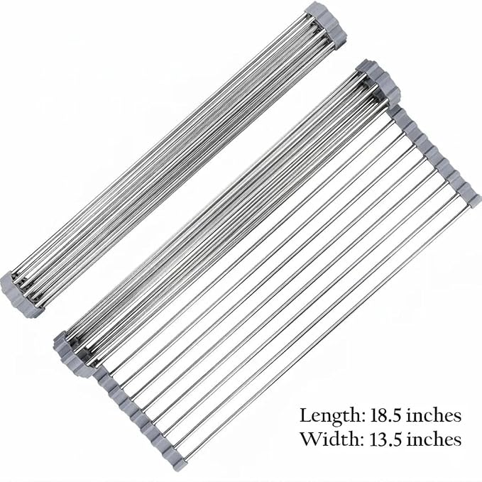 Over-The-Sink Roll Up Dish Drying Rack, 18.5" x 13.5" Foldable Stainless Steel Dish Drainer Mat, Sink Cover & Heat-Resistant Kitchen Organizer (Grey) - Image 2