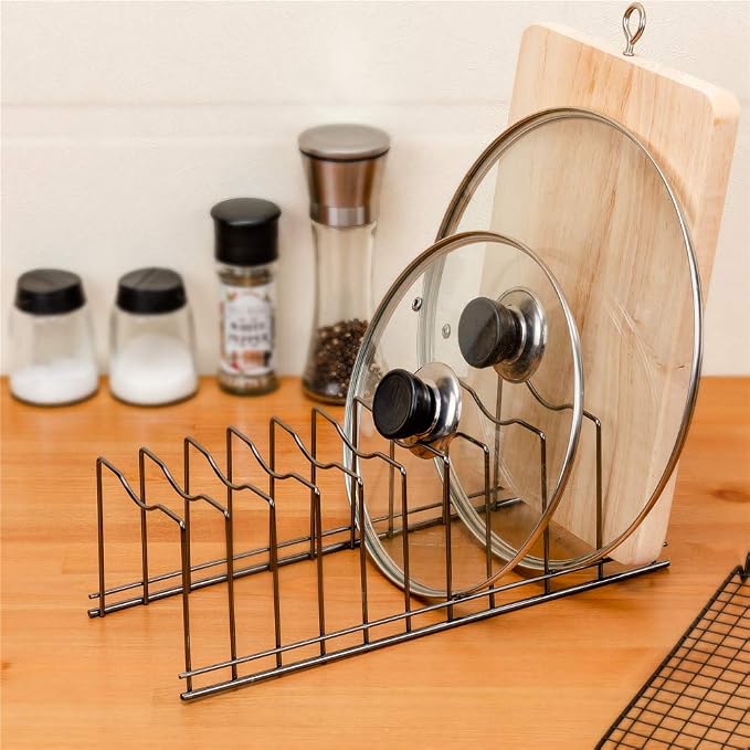 SANNO Pan Pot Lid Holder Organizer, Rack Kitchen Organizer for Plates, Cutting Boards Bakeware, Cooling, Pots & Pans, Serving Trays,Lids Holder Rack,Nickel, 10 Dividers - Image 3