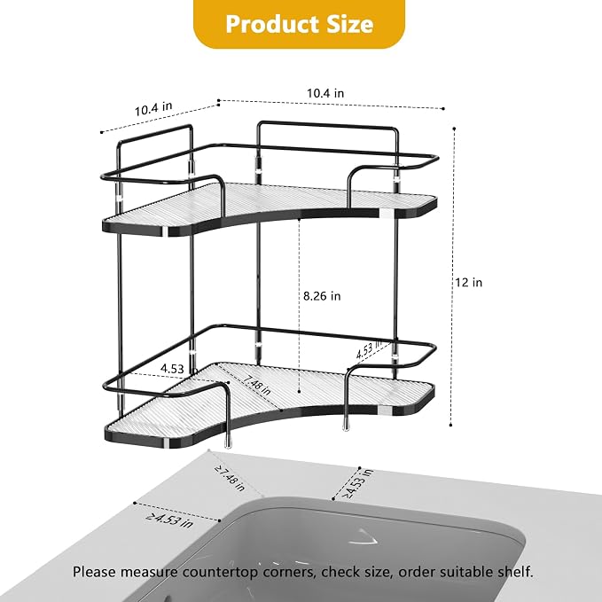2 Tier Corner Bathroom Counter Organizer, Corner Makeup Organizer | Vanity, Perfume, Skincare Organizers, Kitchen, Bathroom Counter Storage, Tool-Free Assembly, Space-Saving, Black - Image 3