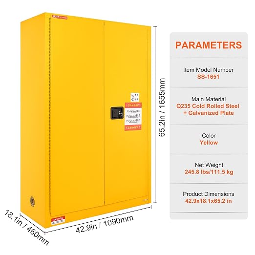 VEVOR Flammable Cabinet, 45 Gal, 18" x 43" x 65", Yellow | Cold-Rolled Steel, Explosion Proof, 2 Adjustable Shelves, 2 Manual Doors, Industrial Use - Image 3