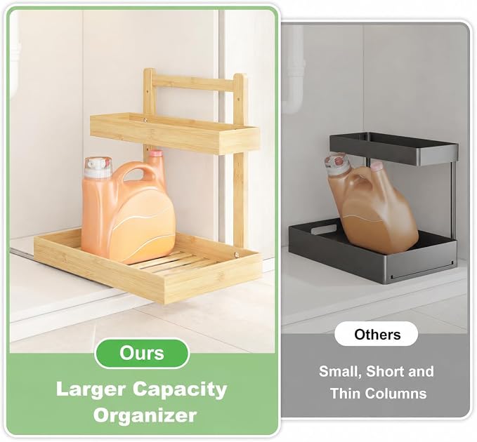Bamboo Under Sink Organizer, 2-Tier Pull Out Cabinet Organizer | Kitchen Sink Organizer | Bathroom Cabinet Organizer | Cleaning Supply Storage | L-Shape | 3-Level Adjustable | Natural Bamboo - Image 6