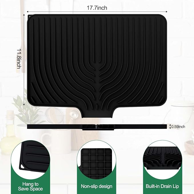 GUUKIN Silicone Dish Drying Mat,17.7" x 11.8 " Drying Matt Kitchen Counter, Dish Drying Rack Mat, Easy Clean Pad for Countertop Protection, Multi-Functional Use, Not applicable Bumps up sink (Black) - Image 2