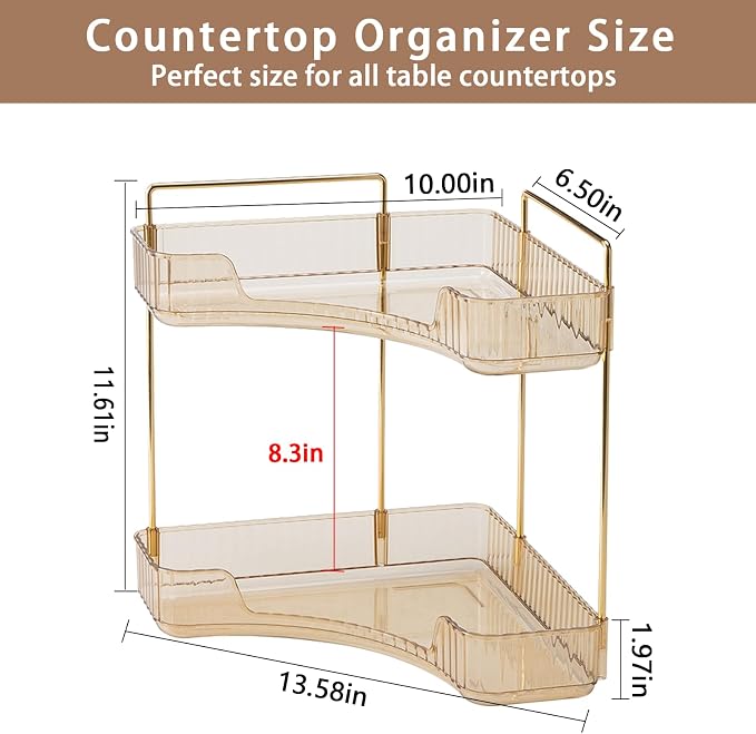 2-Tier Corner Bathroom Counter Organizer – Classic Storage Shelf for Makeup, Perfume & Toiletries, Space-Saving Countertop Tray Fits Bathroom, Dresser, Kitchen (Vintage Gold) - Image 2