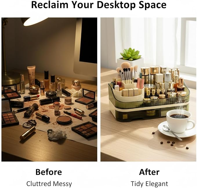 Makeup Organizer Countertop with Dual Drawers | Plastic, Vanity Bathroom Desk, 360° Rotating, Easy Clean, Cosmetic Skincare - Image 7