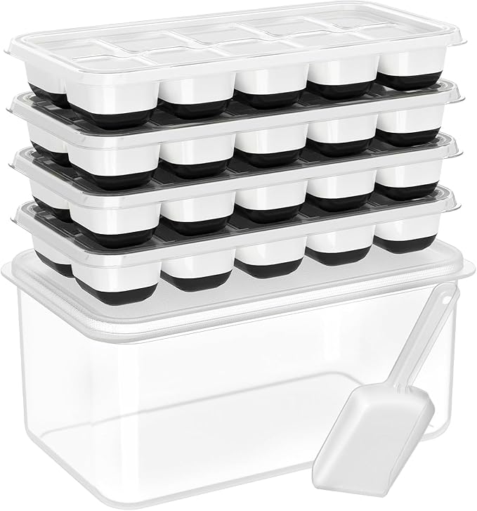 DOQAUS Ice Cube Tray with Lid and Bin,4 Pack Ice Cube Trays for Freezer | Silicone, Stackable. Easy Release Trays with Storage Bin & Scoop. Ideal for Freezer, Kitchen, RV, Cocktail, Coffee. by DOQAUS