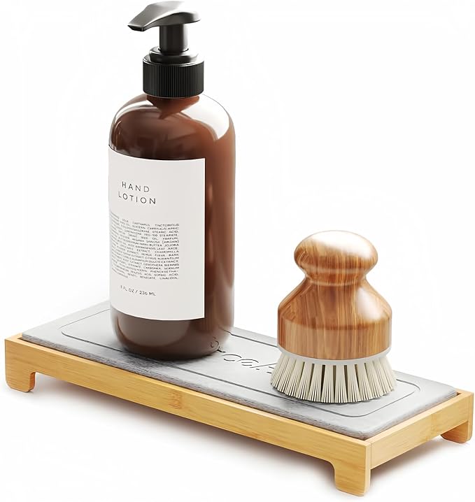 SpaceAid DryingNeat Instant Dry Sink Caddy Organizers, Kitchen Sponge Soap Holder Dispenser, Countertop Fast Drying Counter Tray Rack (Bamboo, Gray) by SpaceAid