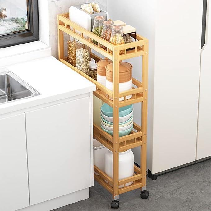 4-Tier Bamboo Utility Kitchen Rolling Cart Trolley Island Storage Shelf | (19.7" L X 7.1" W X37.8" H) Wood Removable Multi-Layer Rack on Wheels - Image 3