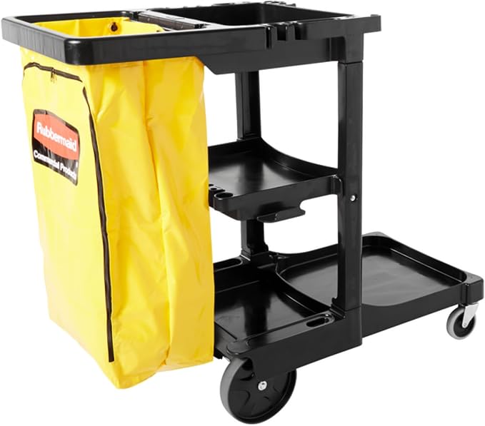 Rubbermaid Commercial Traditional Janitorial 3-Shelf Cleaning Cart, Wheeled with Zippered Yellow Vinyl Bag, for Business/School/Office/Janatorial Cleaning by RubbermaidCommercialProducts